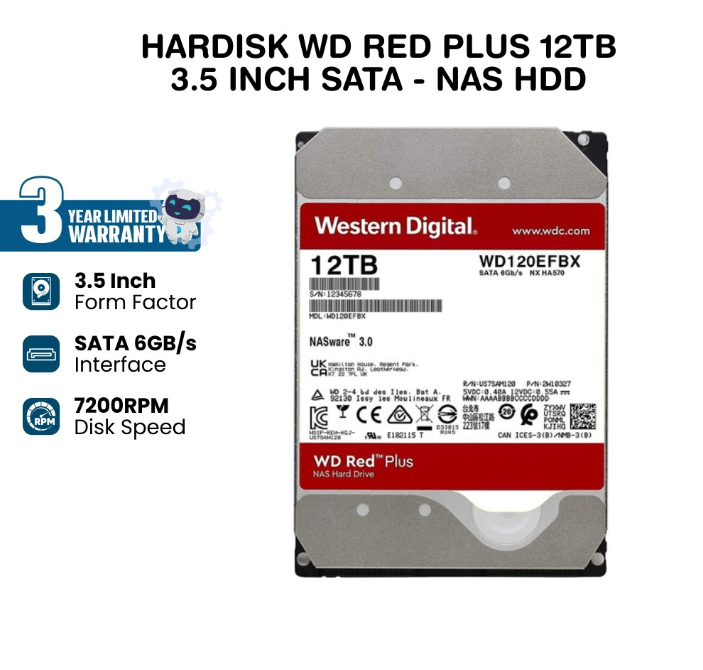 WD RED PLUS WD120EFBX 12TB 7200 RPM 256MB Cache 3.5'' (2 YIL TÜRKİYE GARANTİLİ)