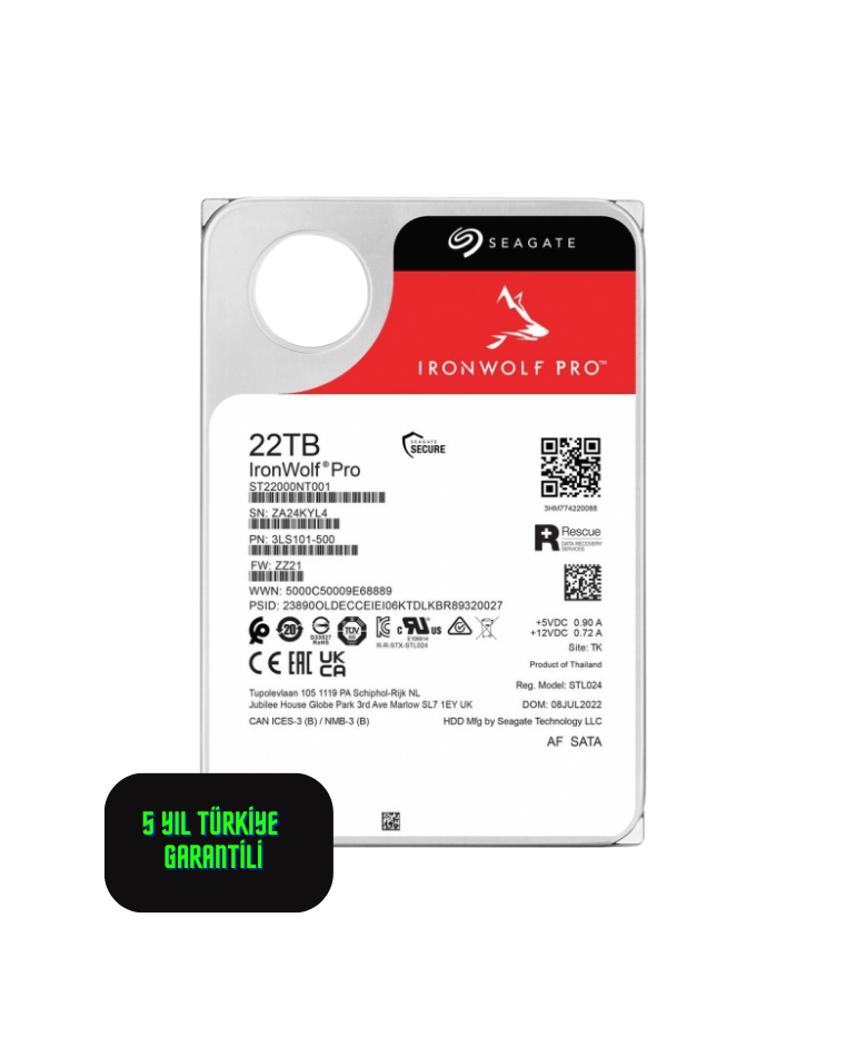 22 TB SEAGATE 3.5 IRONWOLF PRO SATA3 7200RPM 512MB ST22000NT001 (5 YIL TÜRKİYE GARANTILI)