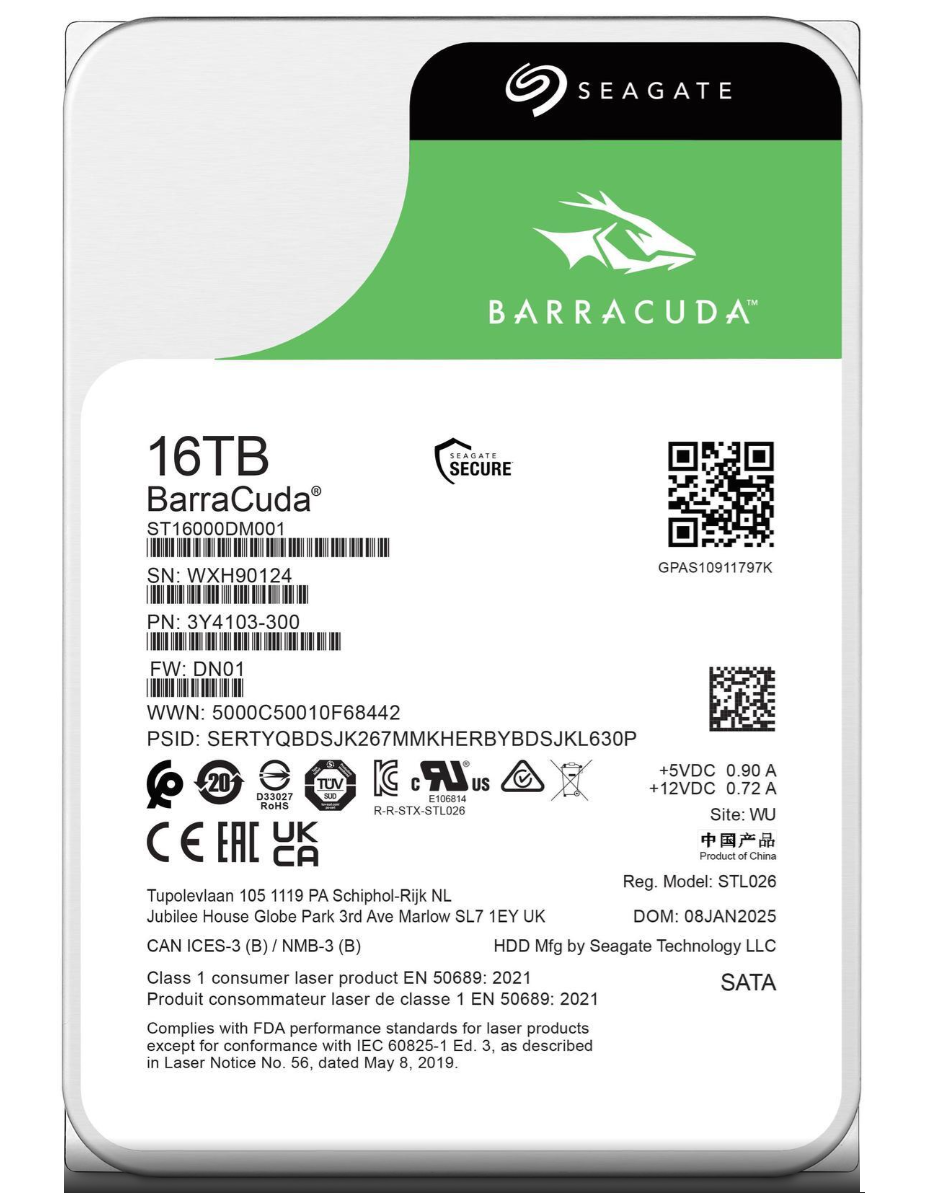Seagate BarraCuda ST16000DM001 16TB 7200 RPM 512MB Cache SATA 6.0Gb/s 3.5'' Internal Harddisk